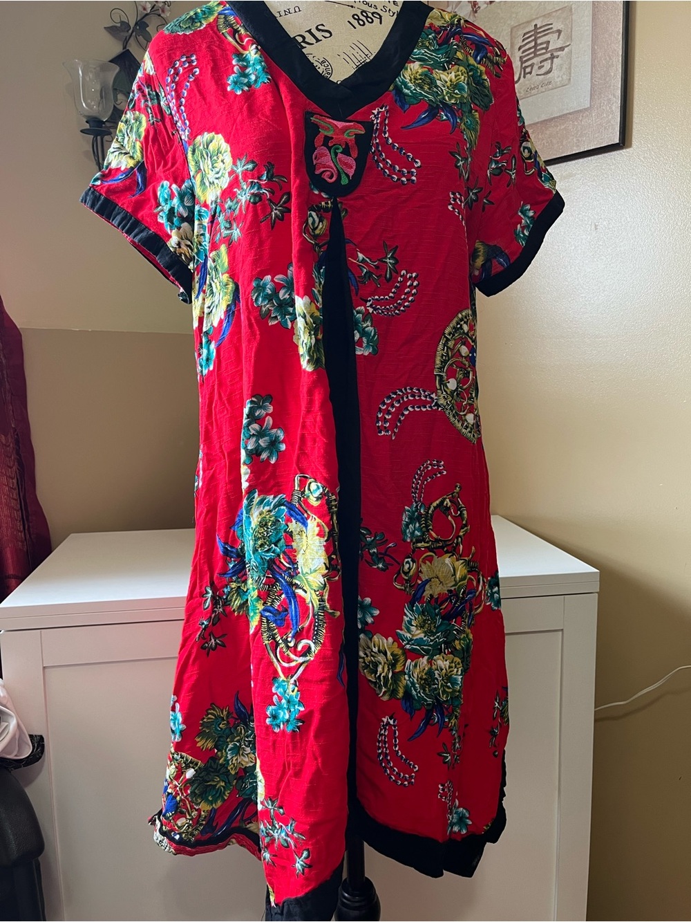 Vibrant Red Floral Boho Tunic Dress with Black Trim